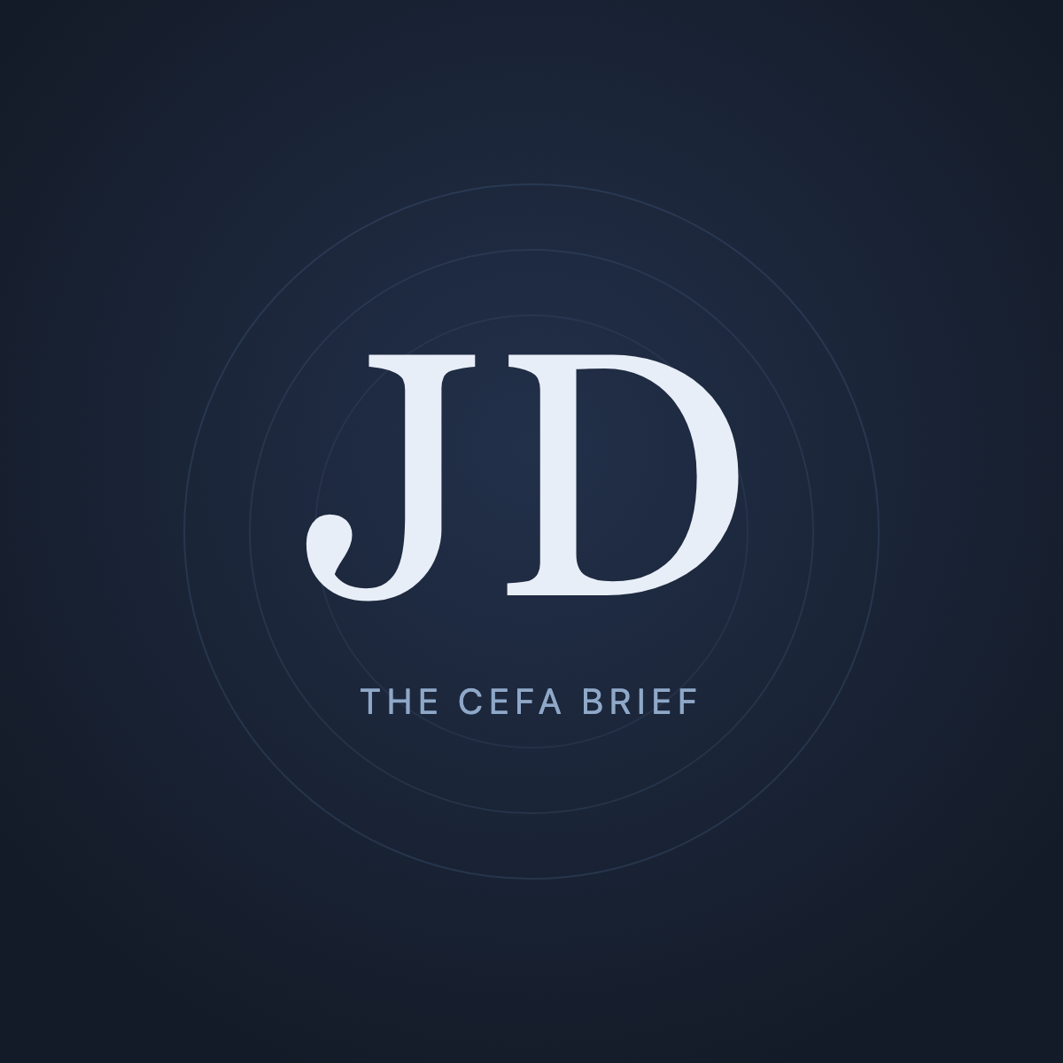 A monogram plate, not a photograph: the initials J D set in serif type on a deep navy ground, with the words The Cefa Brief beneath.